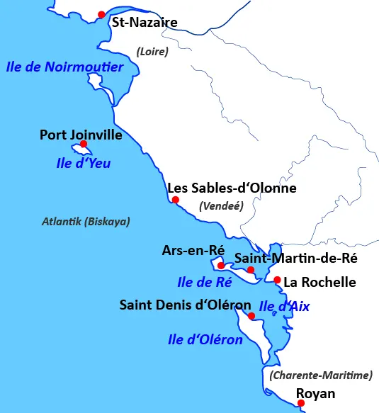 Segeltörn ab La Rochelle - Karte mit der Charterbasis und den Etapenzielen vor der Französischen Küste