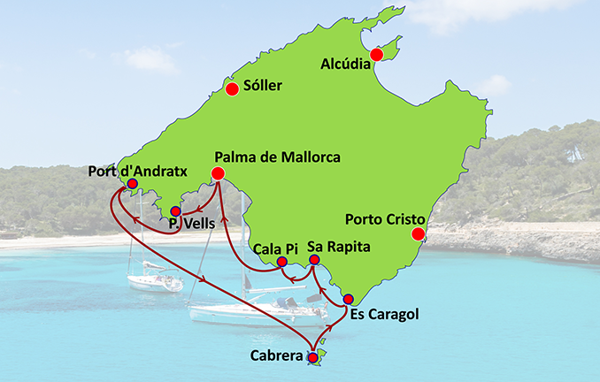 Karte mit einem Routenvorschlag: Segeltörn im Süden von Mallorca